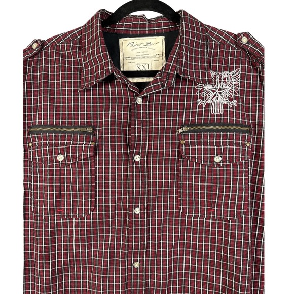 Point Zero XXL Plaid Shirt Burgundy Embroidered Eagle Long Sleeve Stretch Y2K - Picture 1 of 10